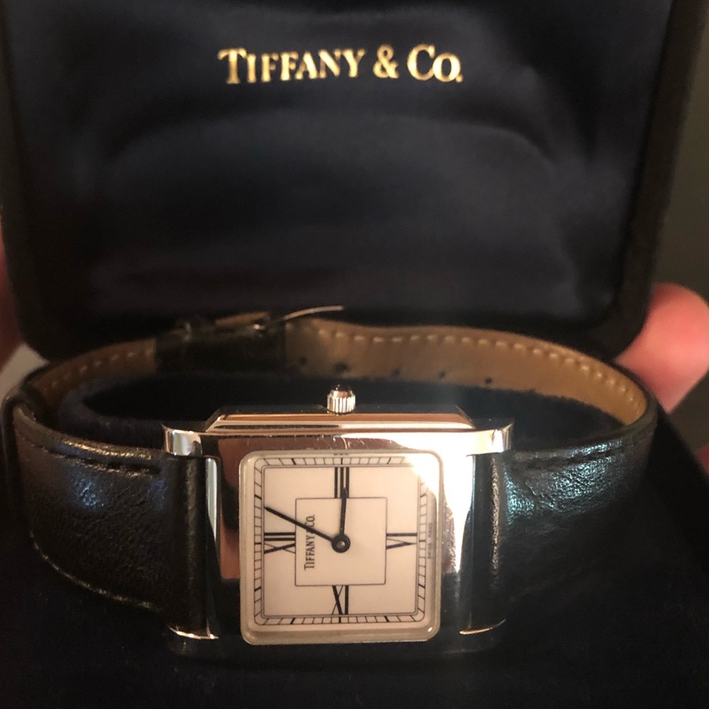 Original Tiffany black leather strap tuxedo watch